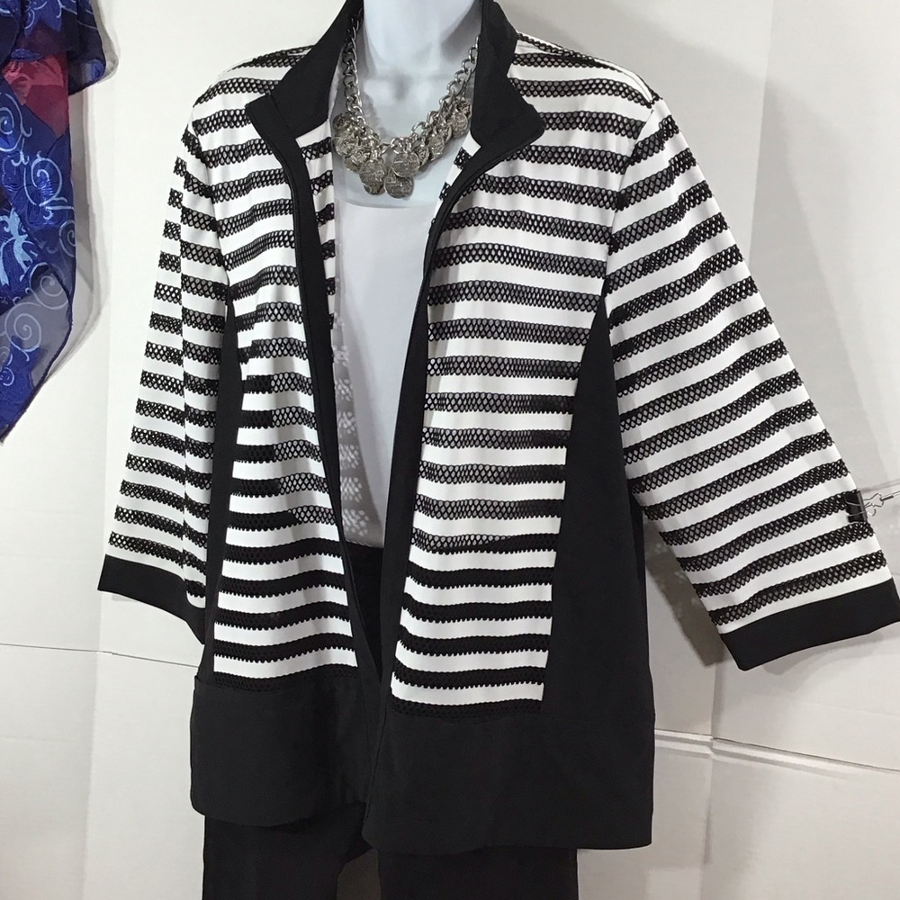 Chico’s black and white stripe full zip mesh jacket XL